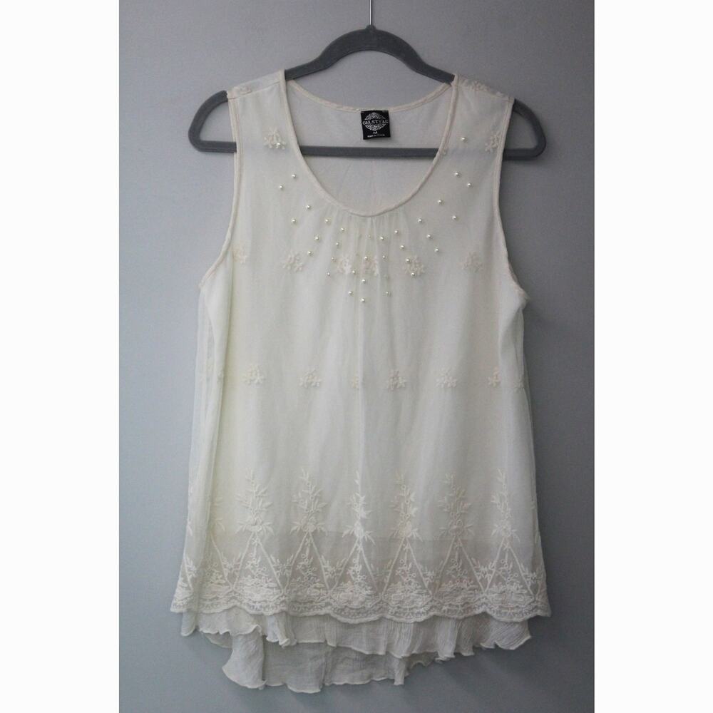CalStyle Womens White Mesh Lined Sleeveless Flowy Top with Pearls & Embroidery M